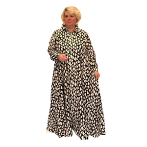 DAMEN MAXIKLEID SCHWARZ CREME DREIECK DRUCK A-LINIE SHIRT KLEID - Bild 1 von 5