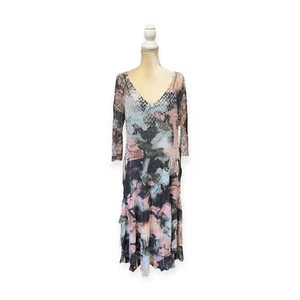 Komarov Watercolor Floral Chiffon & Charmeuse V-Neck Midi Dress Size XL Purple - Picture 1 of 10