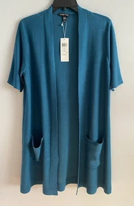 Cardigan semplice Eileen Fisher fronte aperto Nilo con tasche manica corta M nuovo con etichette - Foto 1 di 4