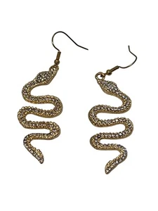 Gold Tone Snake Dangle Earrings Clear Rhinestone Accents Hooks 3" - Picture 1 of 4