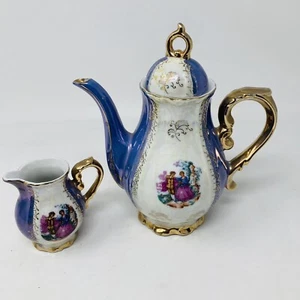 Victorian Teapot coffee creamer Japan - Blue Iridesicient Gold Rim Courtship - Picture 1 of 14