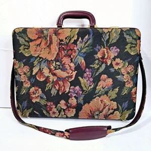 Vtg 1980's Leather & Tapestry Briefcase Attache Document Case Shoulder Strap - Picture 1 of 16