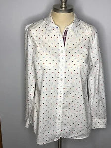 Talbots Medium Polk-a-Dot Button up top Long sleeve White Blue Red Collar - Picture 1 of 7