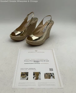Authentic Jimmy Choo Women’s Size 39 Gold Leather Espadrille Wedges W/COA - Picture 1 of 8
