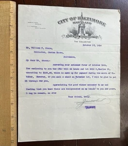 1914 City of Baltimore Maryland Tax Collector Municipal Department Letterhead - Picture 1 of 2