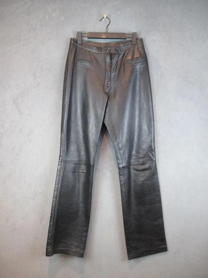 意大利真皮裤子女式 44 黑色直筒高腰意大利制造 — 第 1/4 张图片