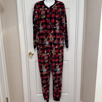 Secret Treasures Women’s L Plush Red Moose Print Union Suit Pajamas Drop Seat - Image 1 of 4