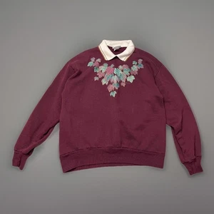 Grannycore Woman's Sweater Collared Purple w/ Leafs Morning Sun USA Large L - Picture 1 of 19