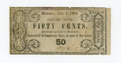 1864 50c W.H. Eliot - Houston, TEXAS Merchant Scrip (Druggist and Apothecary) - Image 1 of 2