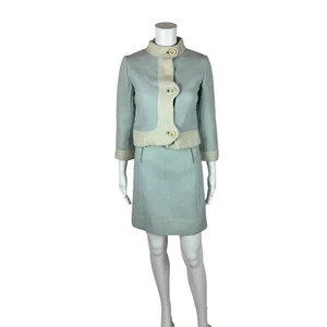 Vintage 60s Suit Set Women's XXS Mod Baby Blue Wool Colorblock Jacket Skirt - Picture 1 of 13