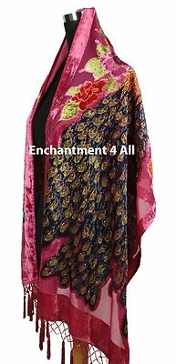 Impresionante mantón oblongo hecho a mano con cuentas 100 % terciopelo seda PAVO REAL, rosa intenso Foto 1 de 4