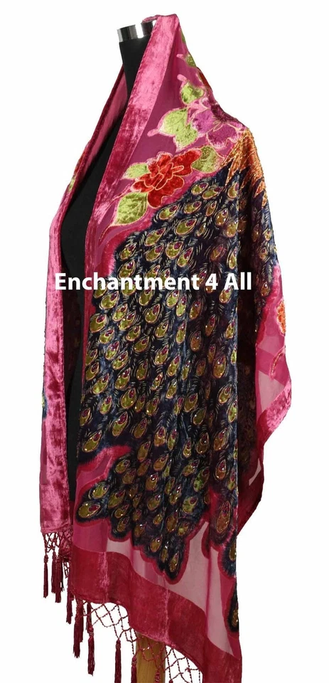 Xale oblongo feito à mão deslumbrante frisado 100% seda veludo pavão envoltório, rosa quente - Imagem 1 de 4