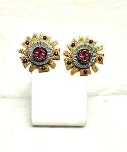 Vintage Patricia Locke Clip Earrings Gold Tone Fuchsia Swarovski Crystals NWOT - Picture 1 of 5