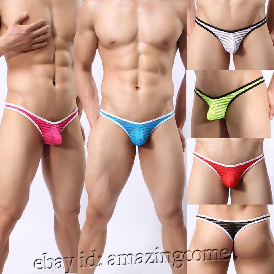 6-Pack Men See-through Mesh Stripe Micro T-back Underwear Bordure G-string Thong - Image 1 of 1