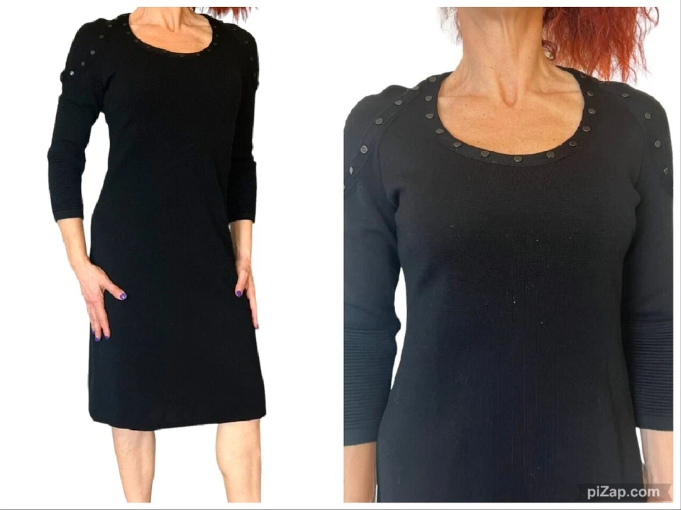 VESTIDO RECTO SUÉTER CON TACHUELAS MANGA 3/4 TEJIDO ACANALADO NEGRO CUELLO REDONDO ESCADA 36 6 Foto 1 de 4