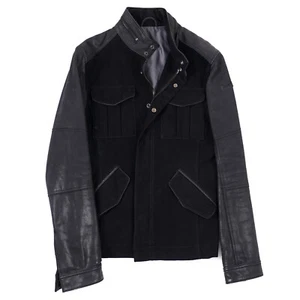 Men's Emporio Armani Slim-Fit Black Leather and Brushed Cotton Jacket M - Picture 1 of 11