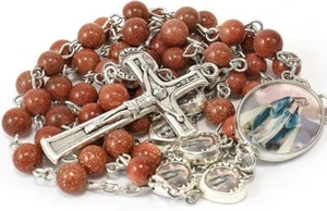 Gold Sandstones Beads with Miraculous Epoxy Heart Metal Beads Rosary Necklace - Picture 1 of 7