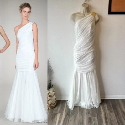 Tadashi Shoji Mermaid Gown NWT Sz 12 Ivory One Shoulder Ruched Lace Formal Bride - Image 1 of 4