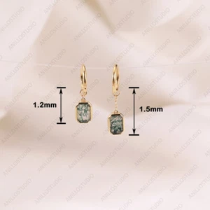 14K Solid Yellow Gold Genuine Moss Agate Drop Chain Enhancer For Necklace, Hoops - Picture 1 of 10