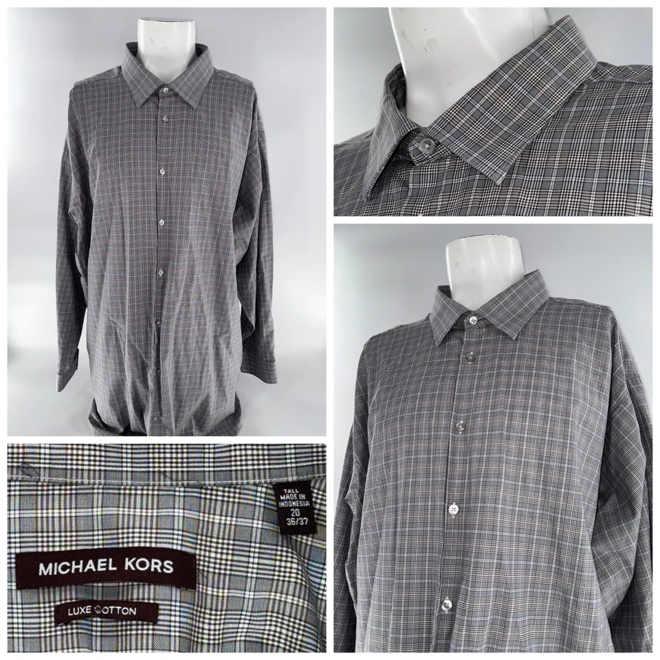 Camisa de vestir Michael Kors para hombre alta 20 35 gris a cuadros 100 % algodón YGI F5-48 Foto 1 de 4