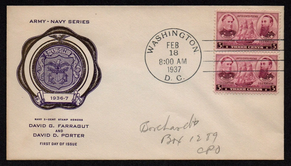 USA, SCOTT #792, RICE FDC COVER 1937 ARMY NAVY HEROES FARRAGUT & PORTER HONORING - Image 1 of 1