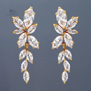 Bridal Drop Dangle Earrings Cubic Zirconia Gold Plated Leaf Floral Wedding 522 - Picture 1 of 4