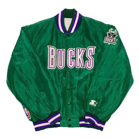 Vtg Rare 90s NBA Milwaukee Bucks Satin Starter Bomber Jacket. Mens Large Cover