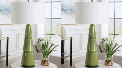 PAR DE LÁMPARAS DE MESA MODERNAS MENDELL CERÁMICA VERDE MUSGO CREPITADO 30502 Foto 1 de 4