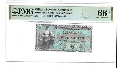 Series 481 5 cent 4tjh Print Military Payment Certificate MPC PMG Gem 66 EPQ - Image 1 of 2