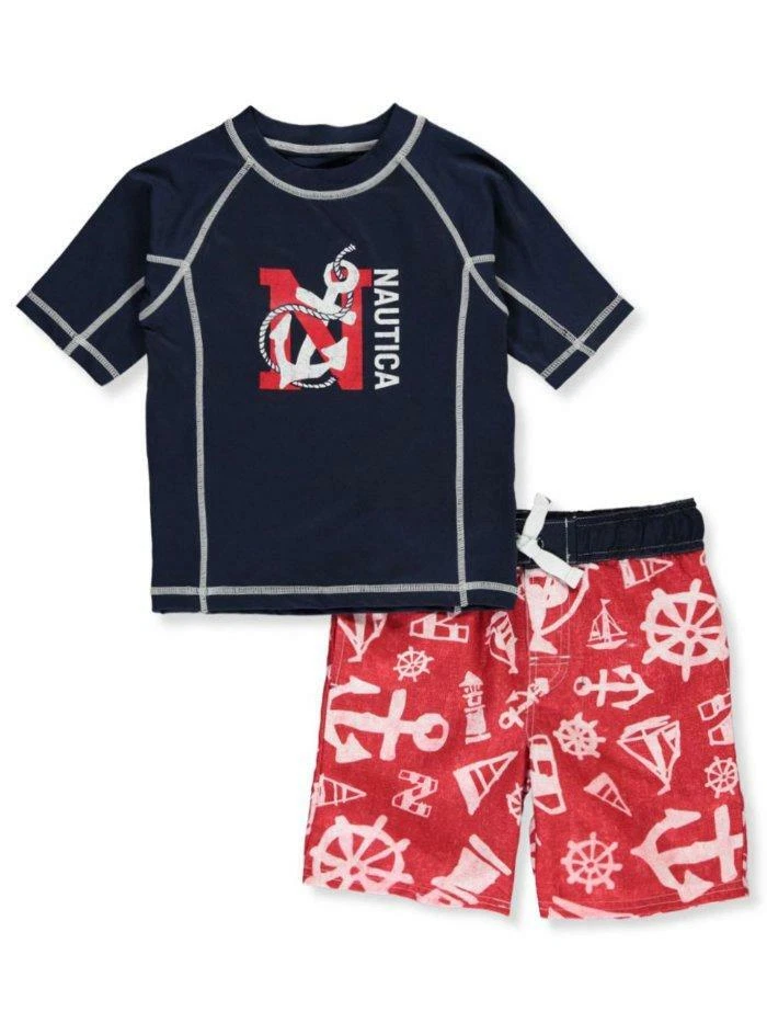 NAUTICA 男宝宝 24 个月红色和海军蓝 2 件装 Rashguard 游泳套装全新带标签 50 美元 — 第 1/1 张图片