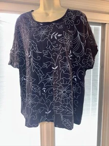 Creation L Women's Navy w/ White Design Cap Sleeve Top Size 16 - Picture 1 of 3