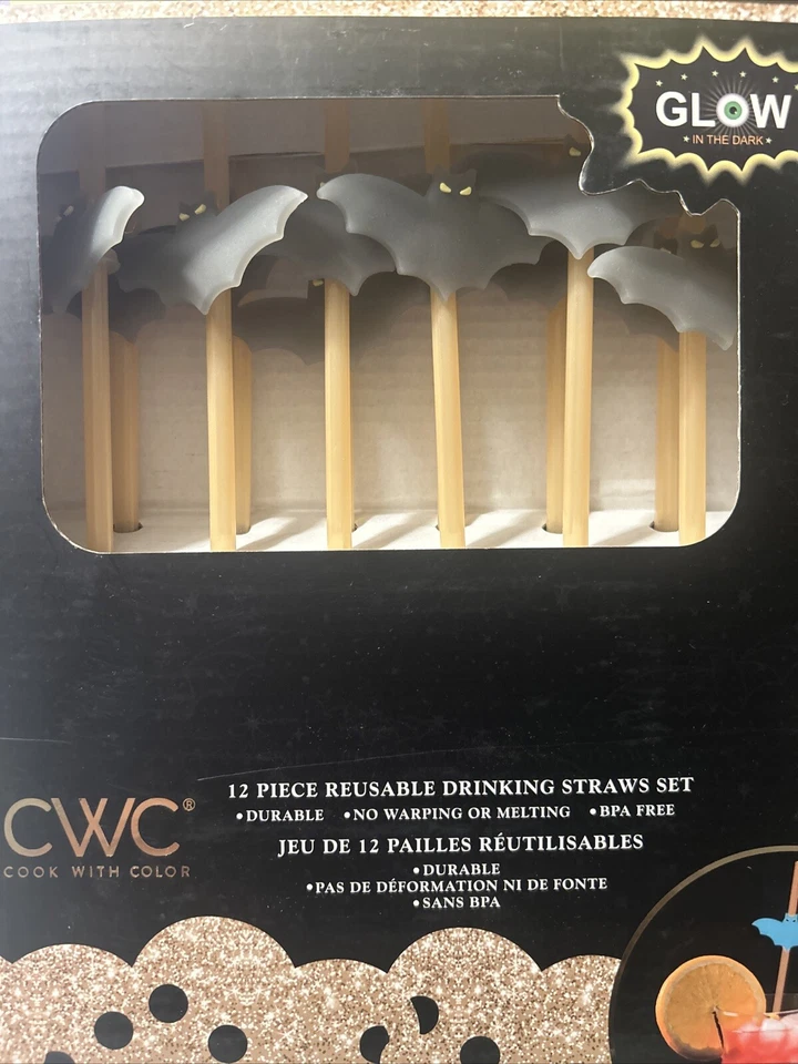 New Set of 12 Bats Glow NEON Blue/ Black Straws Party Decor REUSABLE BPA Free - Image 1 of 1