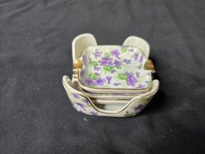 Lefton Violet Chintz Ashtrays with Holder 4 Pieces - Picture 1 of 2