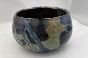 "Florero maceta cerámica arte abstracto salpicaduras verde azul firmado Mel 5""" - Imagen 1 de 12