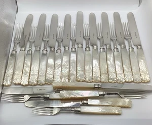 Juego de cubiertos con estuche sólido sello plata madreperla 24 piezas antiguo 1838+ - Imagen 1 de 24