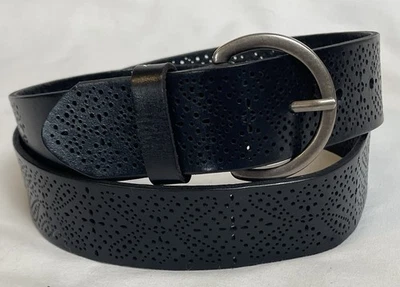 Y2K American Eagle Women Belt Sz L Black Perforated Leather Rounded Brass Buckle - Image 1 of 4