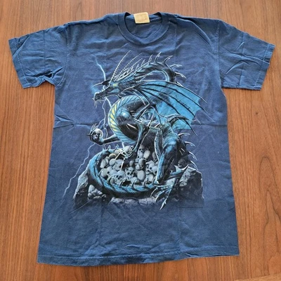 The Mountain T Shirt Dragon On Nest Of Skulls Blue Printed In USA Large - Image 1 of 4