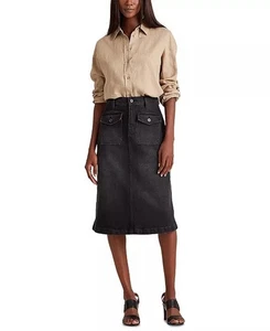 Lauren Ralph Lauren Womens 14 Black Denim Knee Length Skirt Grunge Goth Pockets - Picture 1 of 6