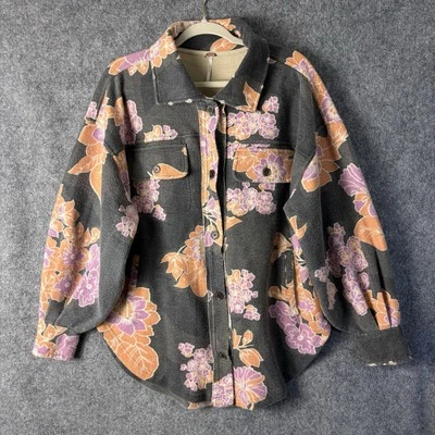 Free People Jacket Women's XS Gray Floral Ruby Shirt Jacket Shacket Oversized - Image 1 of 4