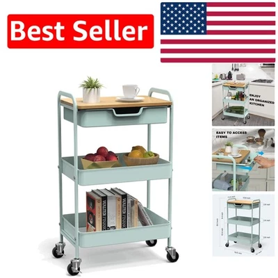 Carro rodante de cocina verde claro de 3 niveles - Organizador duradero con ruedas de bloqueo Foto 1 de 4