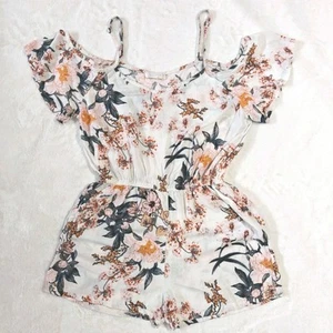 Womens Medium White Floral Romper Off The Shoulder Short Adjustable W/ Pockets - Picture 1 of 5