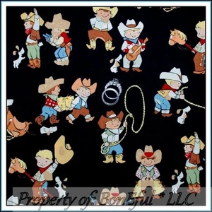 BonEful Fabric FQ Cotton Quilt VTG Black Brown Buckaroos Cowboy Horse Boy Dog UK - Picture 1 of 6