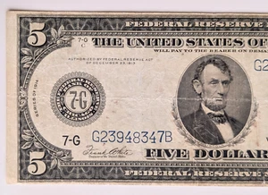 Series 1914 $5 Five Dollars Federal Reserve Note 7-G Chicago Large Bill - Picture 1 of 7