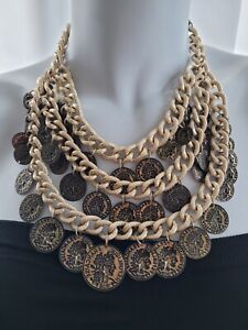 DESIGNER LUCIA 3 STRAND BIB STATEMENT NECKLACE GOLD CHAIN FRANCAISE COIN CHARMS 