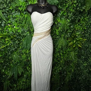 Miss Morena Dress Women Small White Gown Strapless Gold Accent Formal 0593 - Picture 1 of 12