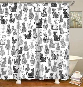 Shower Curtain Adorable White with Black Cats Includes Rings 72" x 72" - Picture 1 of 5