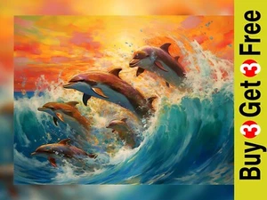 Dolphins in Sunset Waves 5"x7" Print on Matte Paper | Vibrant Ocean Artwork - Picture 1 of 16