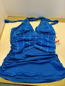 Spanx Ruched Halter Tankini Top Electric Blue Geo 12 Original Tags 2627 - Picture 1 of 7