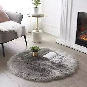 SERISSA Ultra Soft Round Faux Sheepskin Fur Area Rug, Grey Circular Shaggy Rug, - Picture 1 of 7