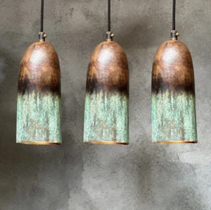 Set Of 3 Oxidized Copeer Pendant light Green Patina Vintage Moroccan Brass Lamp - Picture 1 of 8